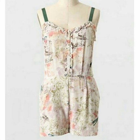 Anthropologie Pants - Anthropologie Feather Bone Floral Bird Silk Romper